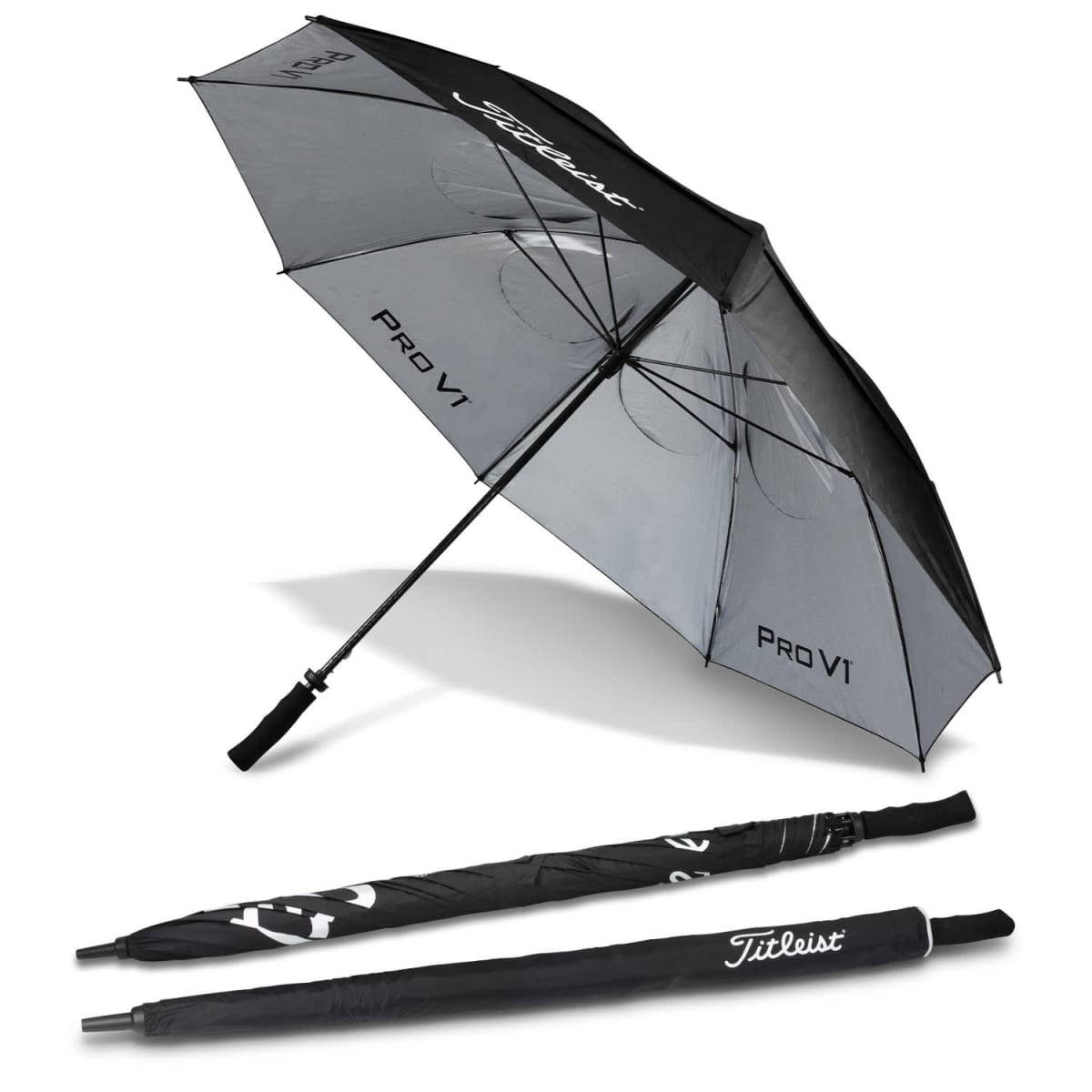 A black and grey double canopy golf umbrella featuring a handle and an umbrella cover, with branding.